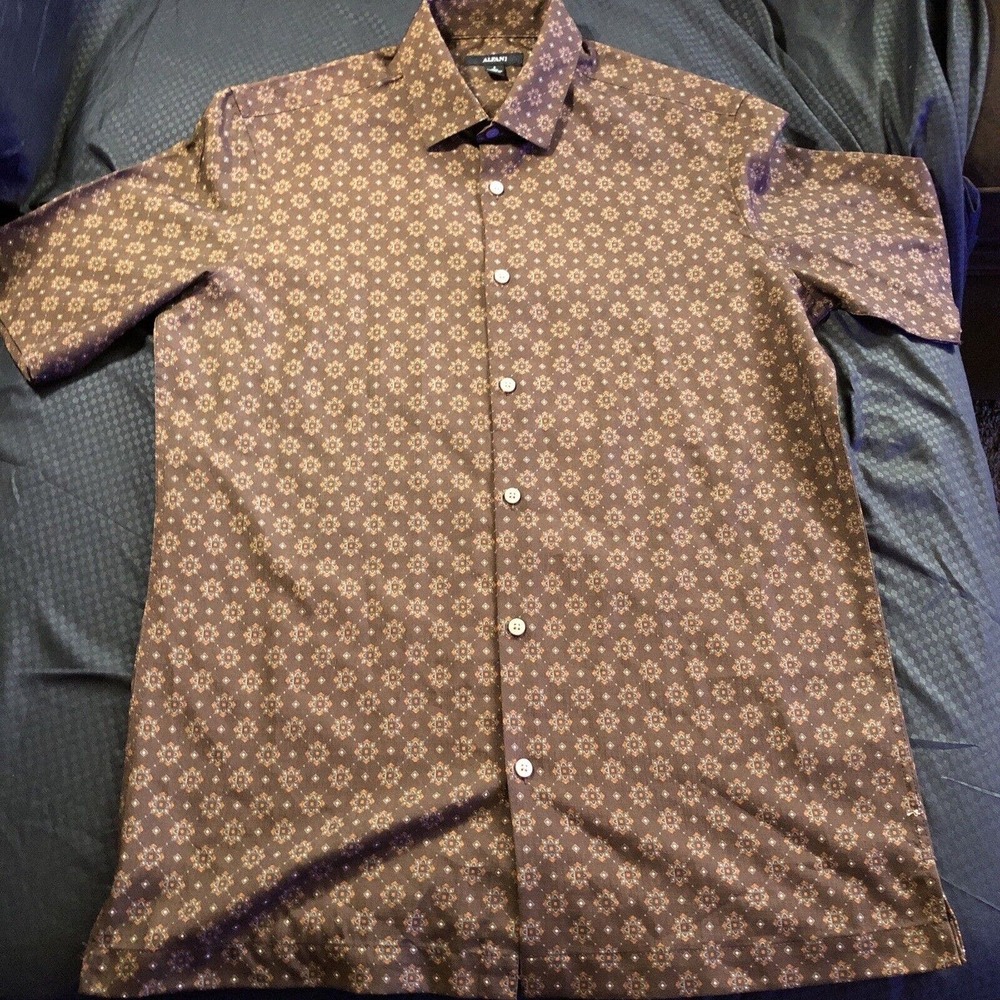 Alfani Shirt Mens S Multicolor Button Up Short Sleeve Brown Floral Casual 0138